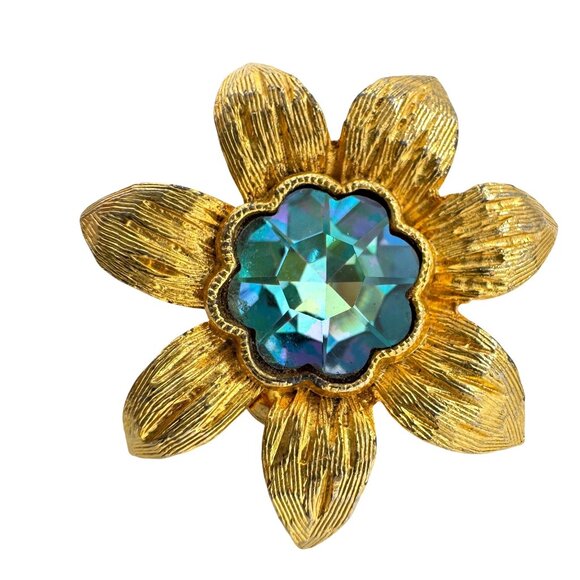 Gold-Tone Crystal Flower Clip-On Earrings Vintage Signed 2899 Blue Aura Center - Picture 3 of 8